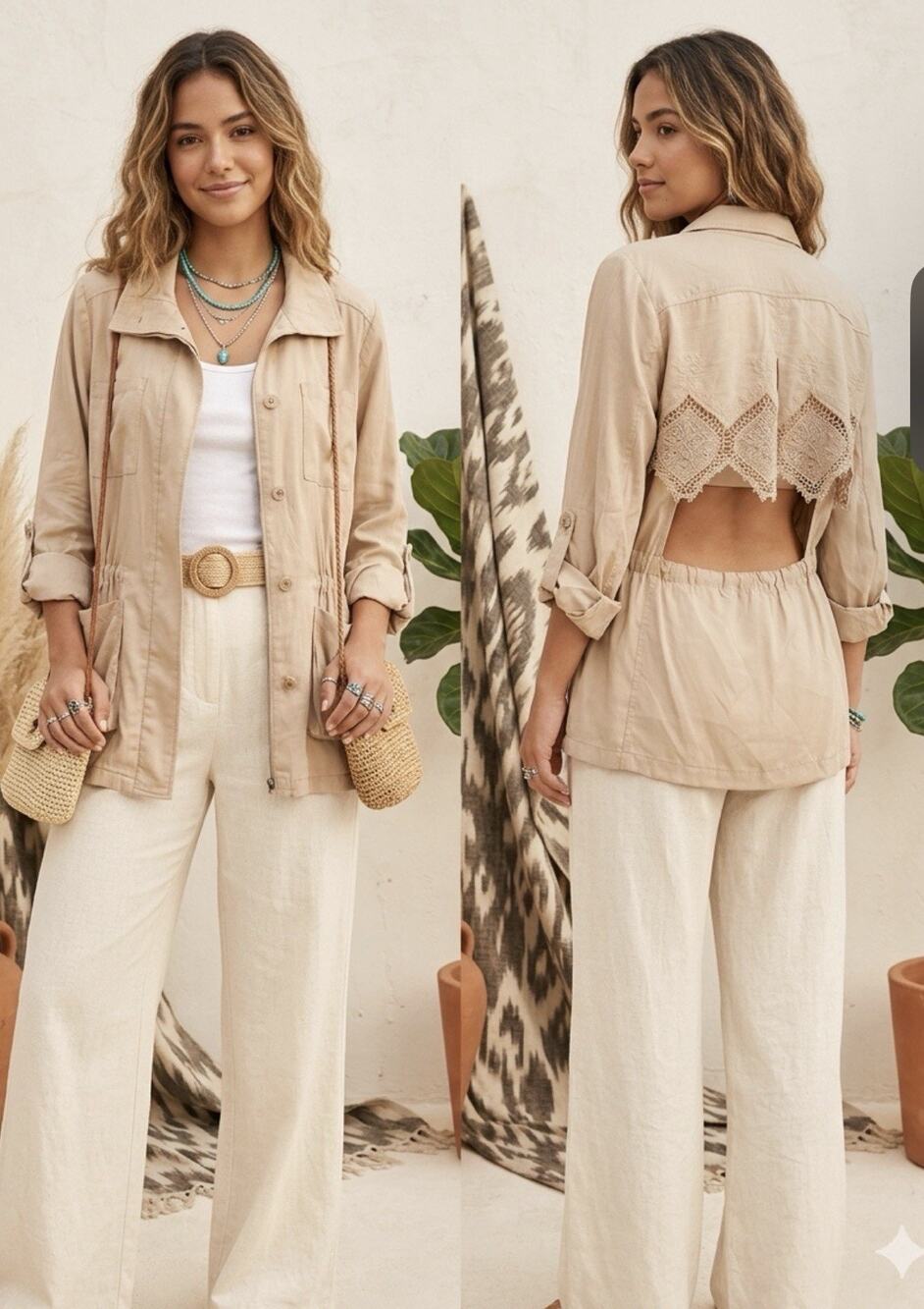 Mystree Women’s Boho Lightweight Utility Jacket Beige Crochet Lace Back Size L